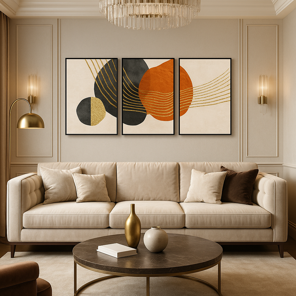 Modern living room with beige sofa, round wooden coffee table, and abstract wall art.