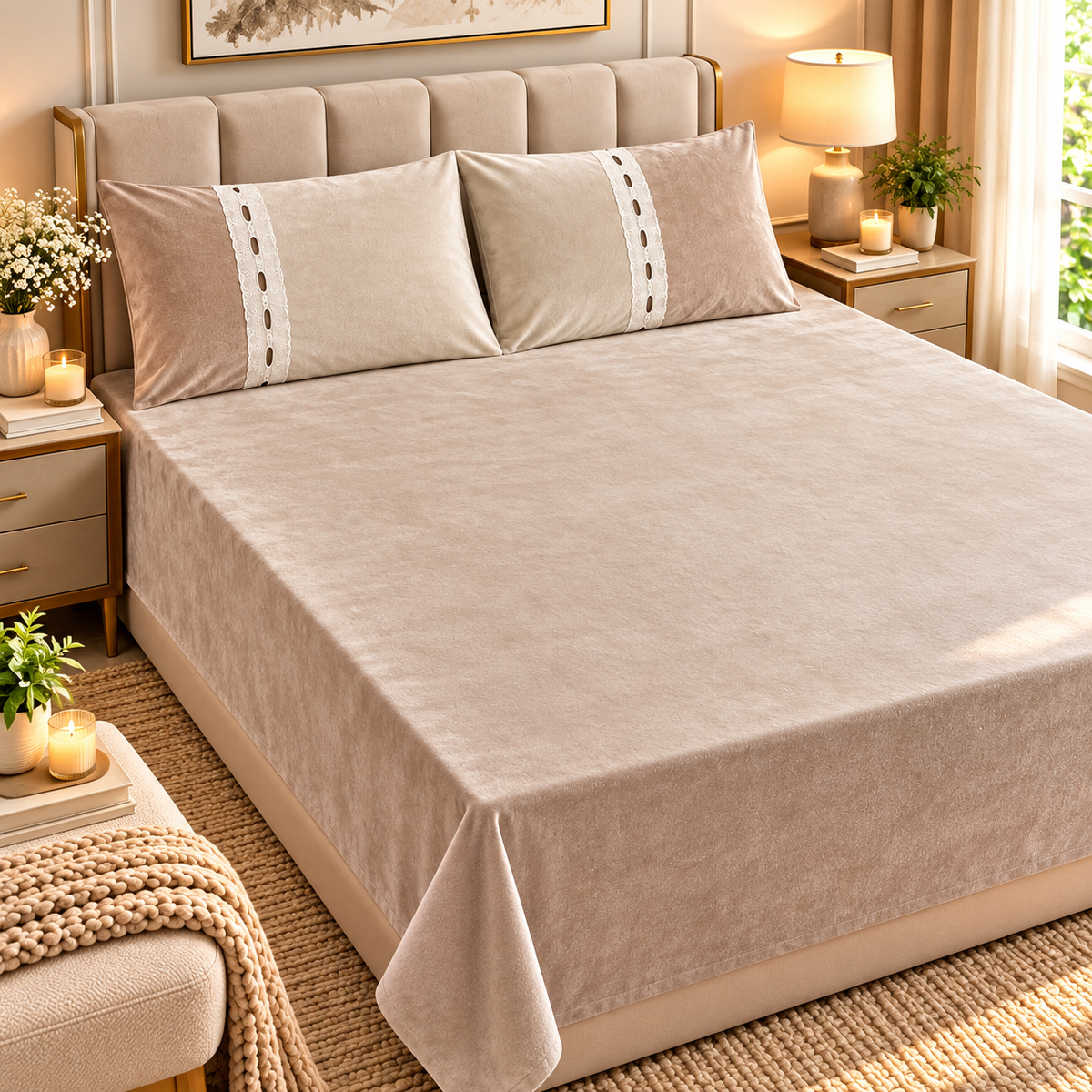 Premium Winter Textured Bedsheet Set with Matching Pillow Covers – Soft Luxury Warm Bedsheet for Double & King Size Bed