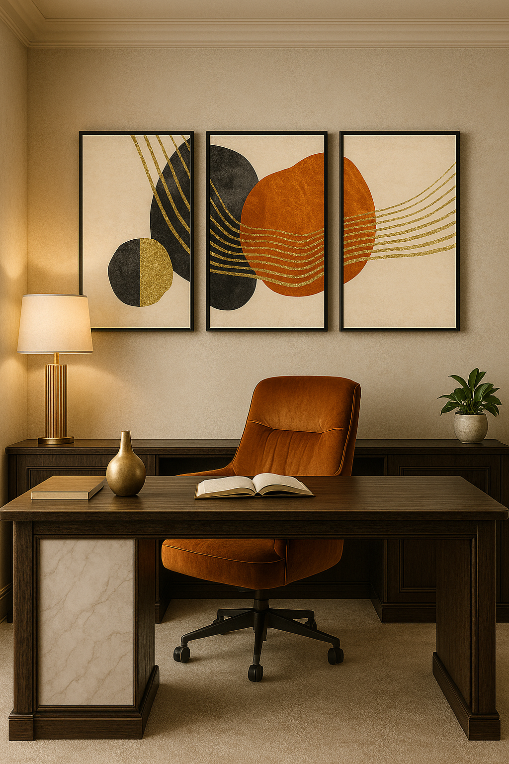 Modern office setup with a desk, chair, and abstract wall art.