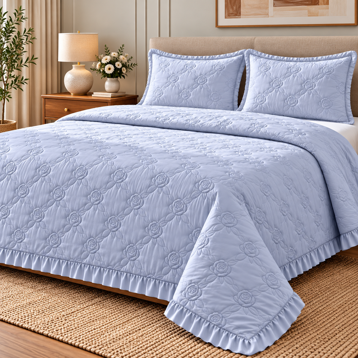 Elegant pale blue quilted bedding set by The Gharnish featuring rose gold embossed details on a luxurious bedcover.