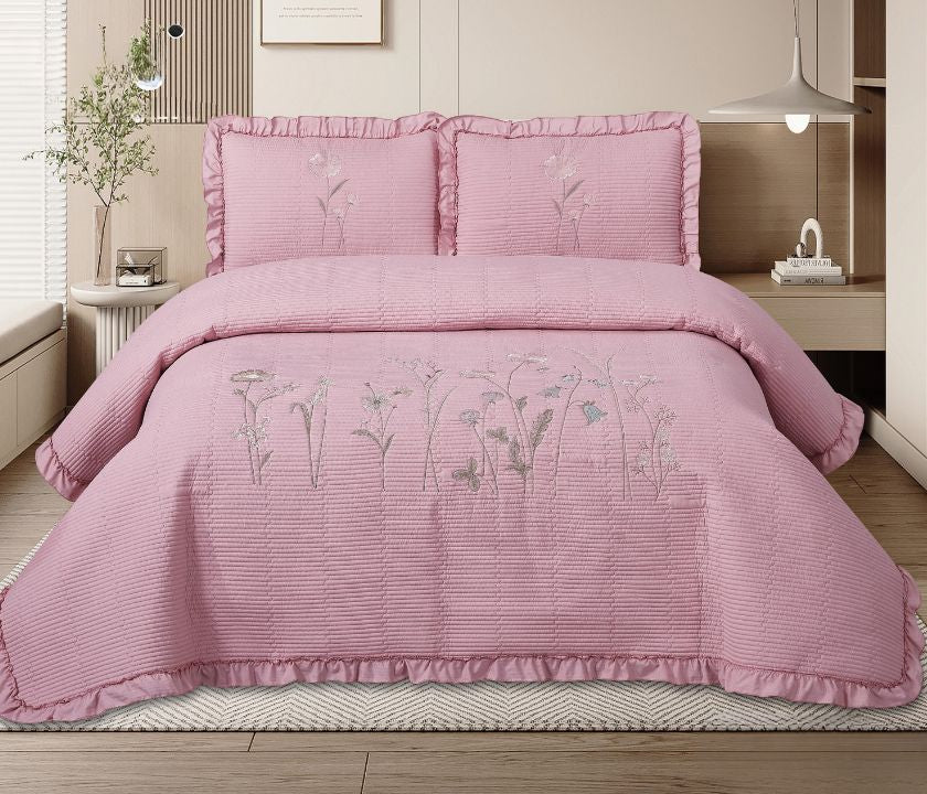 Florina 3-piece embroidered premium bedding set by The Gharnish featuring intricate embroidery on soft fabric.