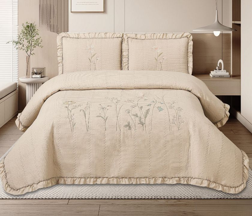 King size Florina 3-piece embroidered premium bedding set by The Gharnish, featuring quilted design on soft fabric.