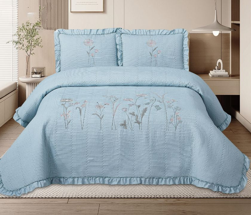 Florina 3-piece embroidered quilted bedding set by The Gharnish, featuring detailed embroidery and soft, premium fabric for bedroom decor.
