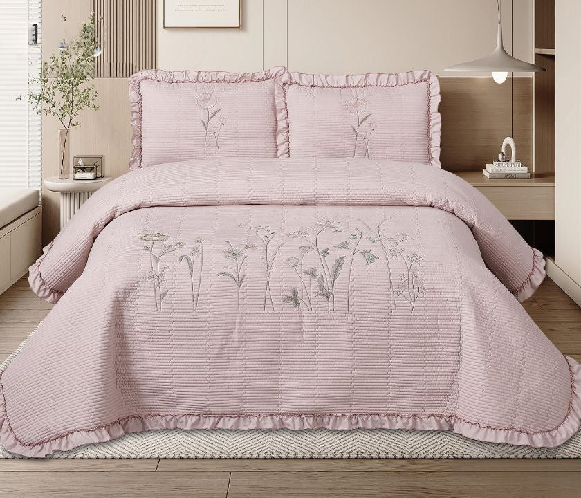 Florina 3-piece embroidered premium bedding set by The Gharnish, featuring quilted design for stylish bedroom decor.