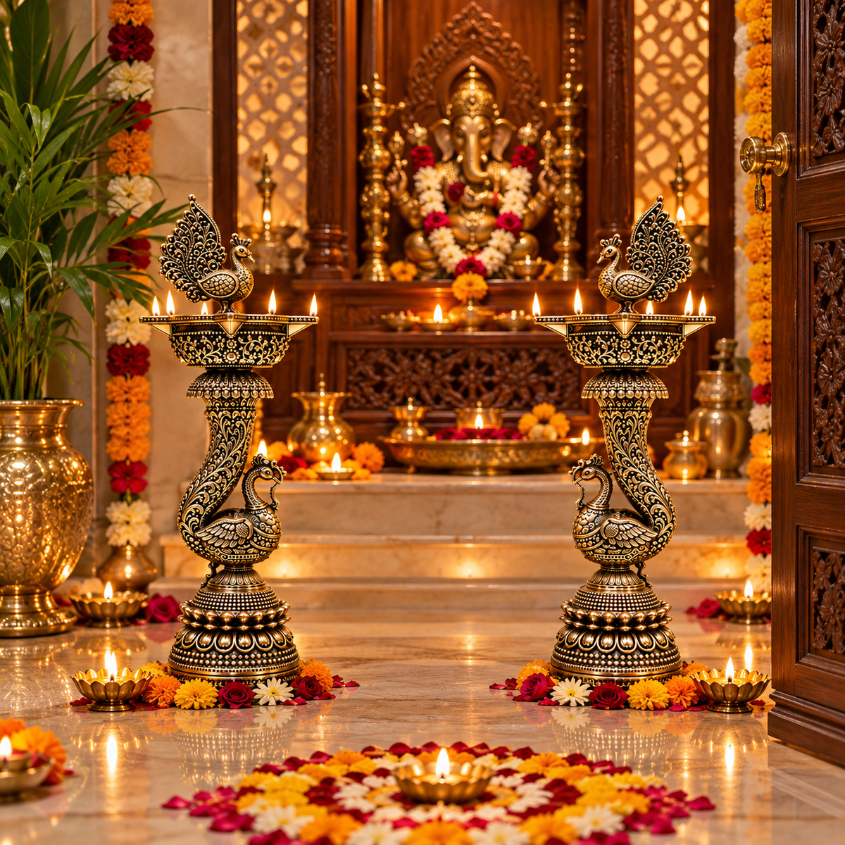Traditional brass diya pair with peacock designs, handcrafted for festive Ganesha shrine decoration and puja rituals.