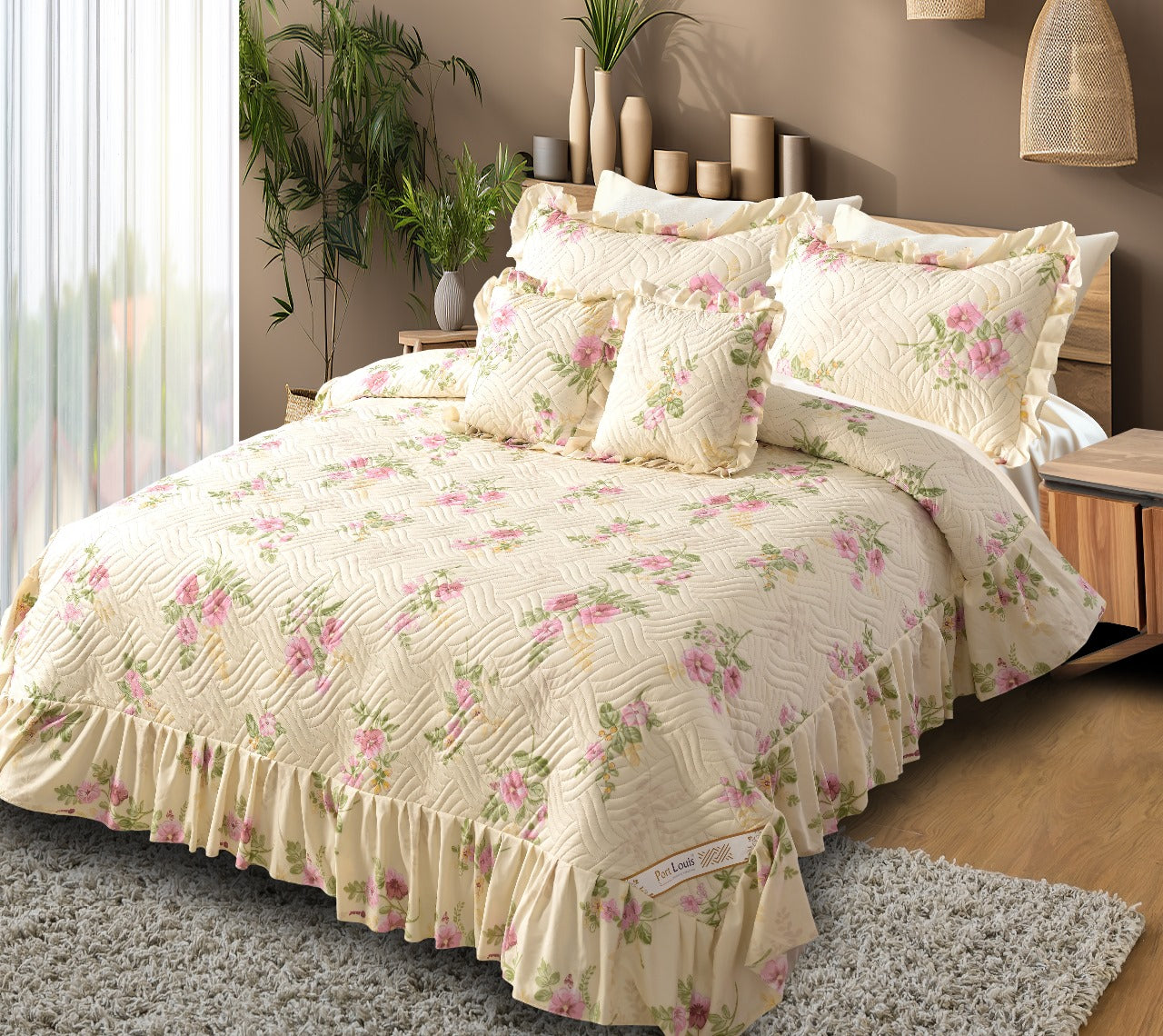 Floral patterned bedspread on a bed in a bedroom setting with plants and decor.