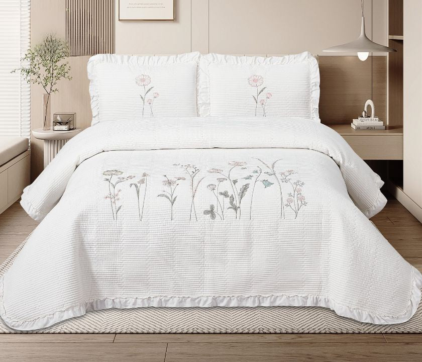 Florina 3-piece embroidered premium bedding set by The Gharnish, featuring floral designs and soft fabric for a luxurious sleep.