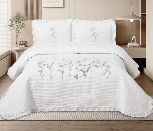 Florina 3-piece embroidered premium bedding set by The Gharnish, featuring floral designs and soft fabric for a luxurious sleep.