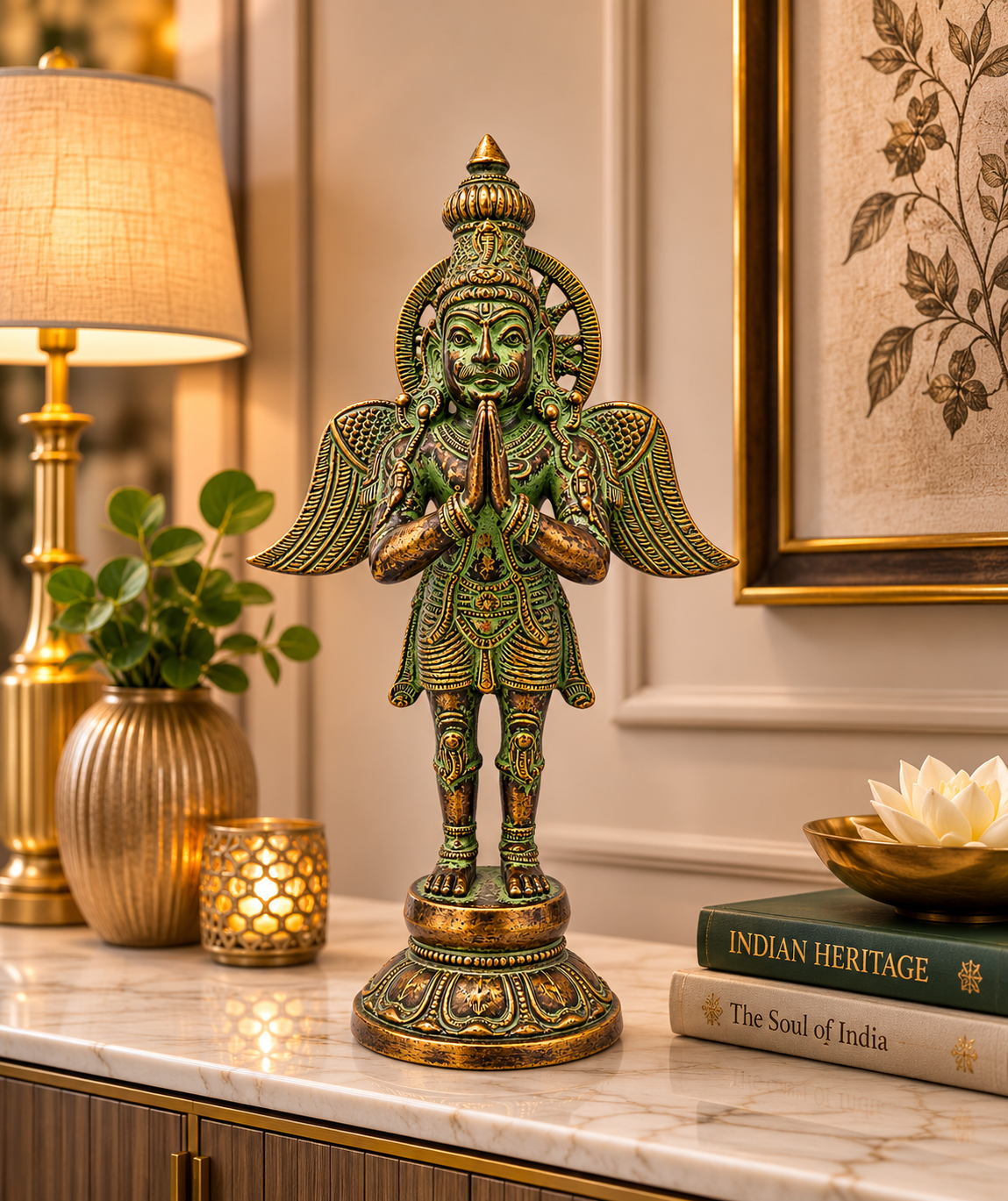 An ornate green and gold Hindu deity statue of a winged figure with a pranamask face, displayed on a marble console table in a styled home decor setting with a lamp, books, and framed art.