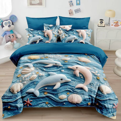 Bedding set with dolphin design on a bed in a room.