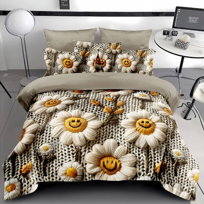 Bedding set with smiley face flowers on a bed in a room setting.