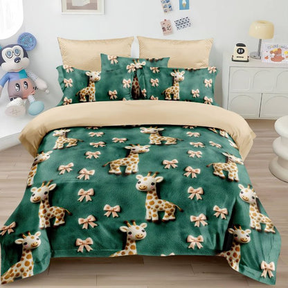 Bedding set with giraffe and bow pattern in a room setting
