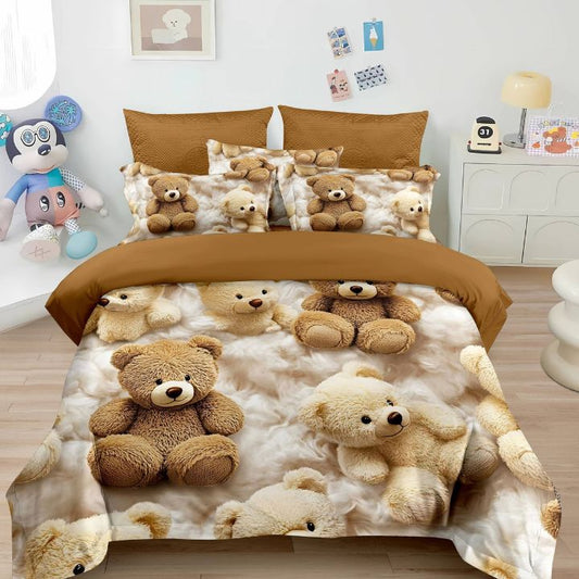 Bedding set with teddy bear design on a bed in a room.