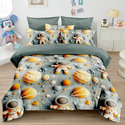 Space-themed bedding set with astronauts, planets, and stars on a bed in a room.