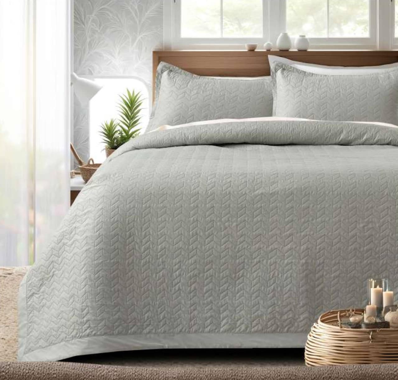 Gray quilted bedding set from The Gharnish, Serene Stitch Premium Quilted Bedcover with intricate stitching and plush texture.