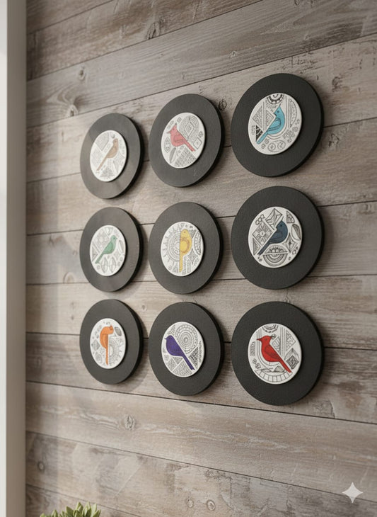 Nine circular wall art pieces with bird illustrations on a wooden wall.