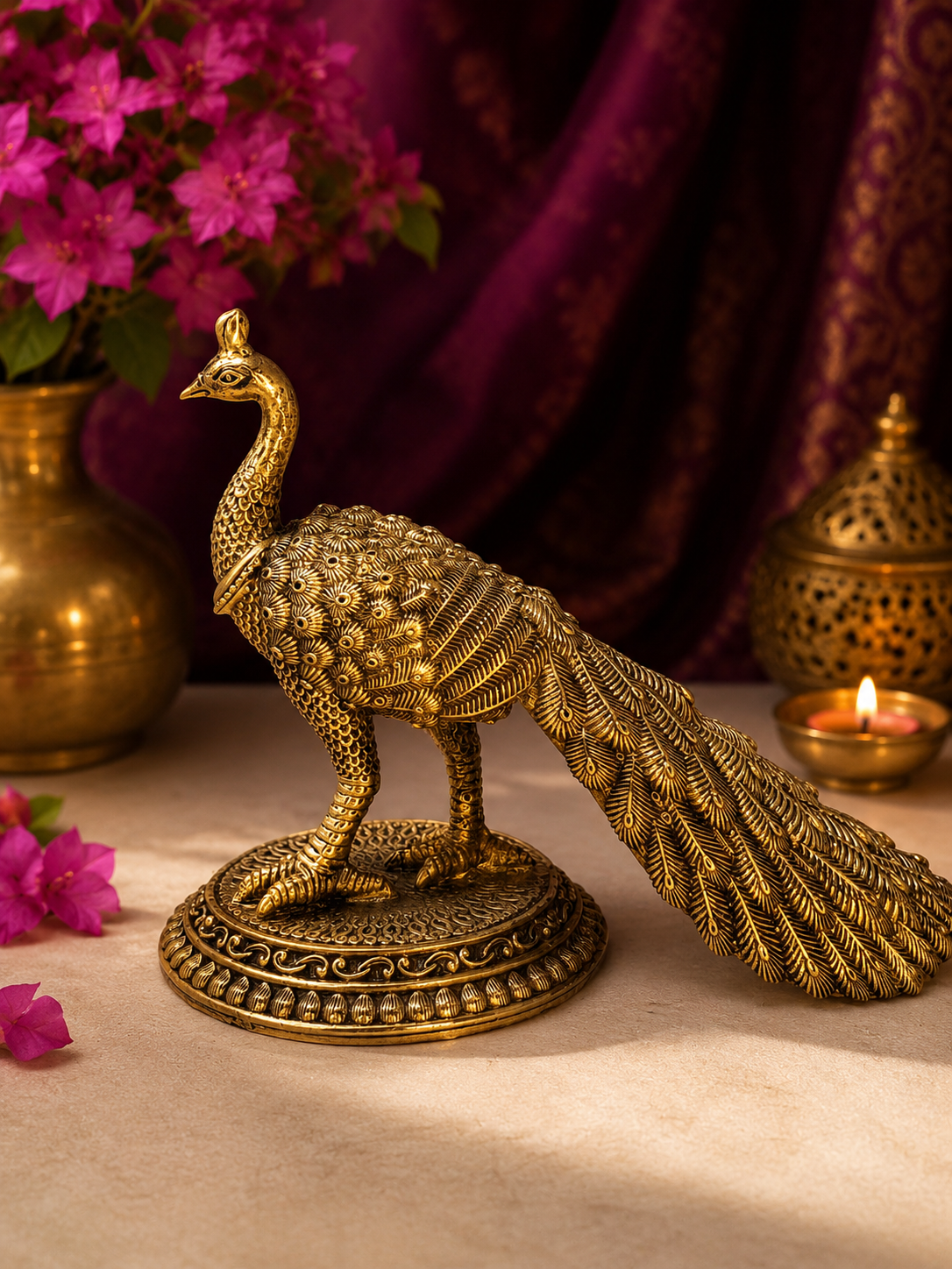 Handcrafted brass peacock statue, an antique Indian art piece, ideal for luxury home décor and traditional pooja rituals.