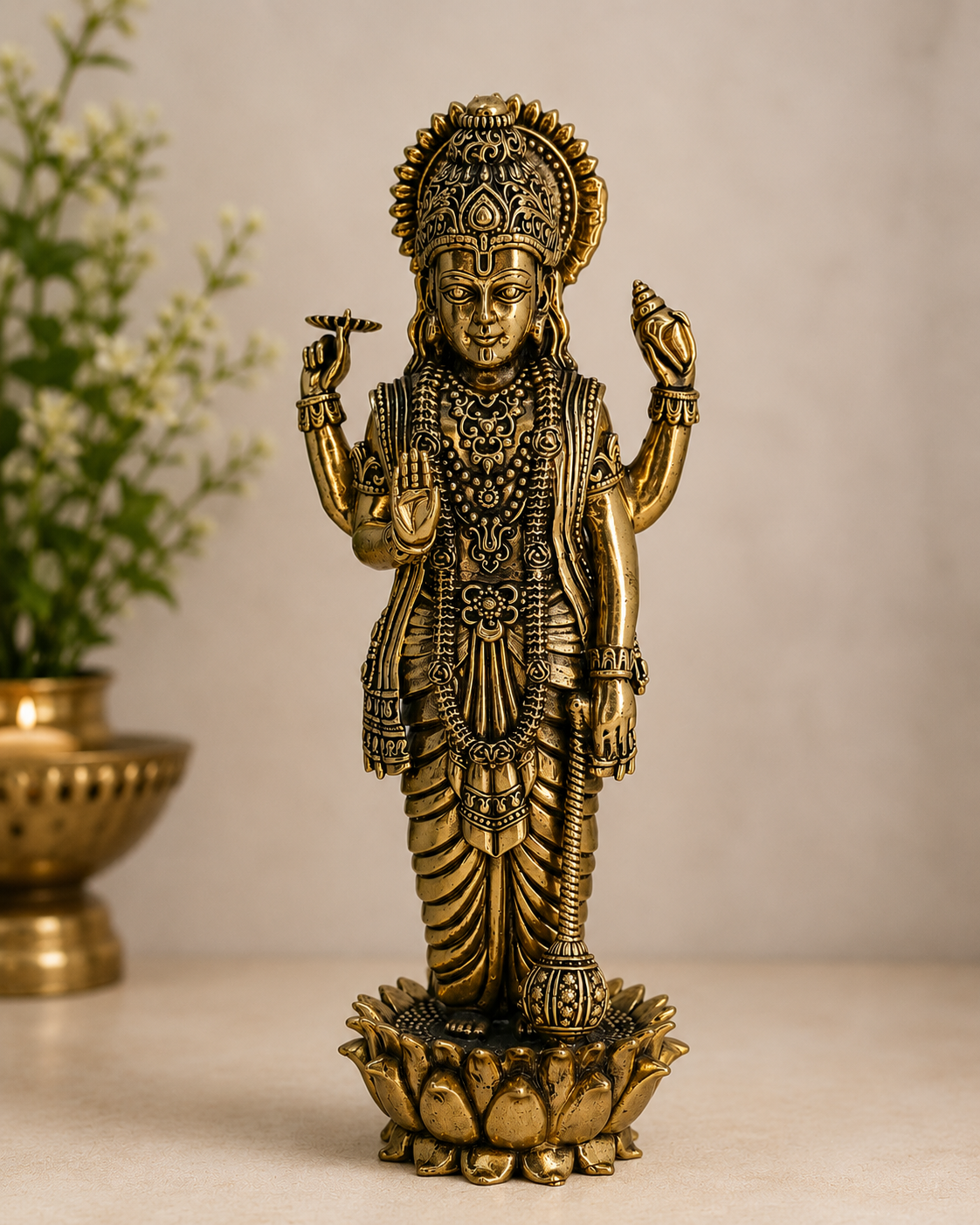 A brass Lord Hanuman statue standing on a lotus base, photographed on a light beige surface with a softly blurred neutral background and a decorative plant pot at the side.