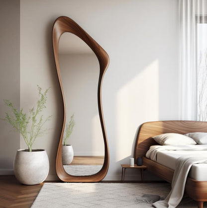 Asymmetrical mirrors not only add a modern touch to the living room, bedroom, dining room, hallway, kitchen and bathroom walls of your home, but also tell a story from nature. Each asymmetrical mirror has a unique design that reflects the unique texture and character of natural wood.