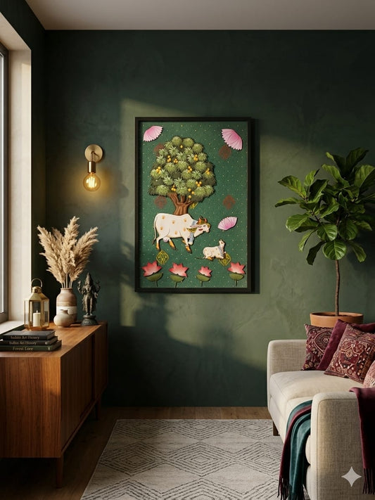 Living room with a dark green wall, framed artwork of a cow and trees, and decorative elements.