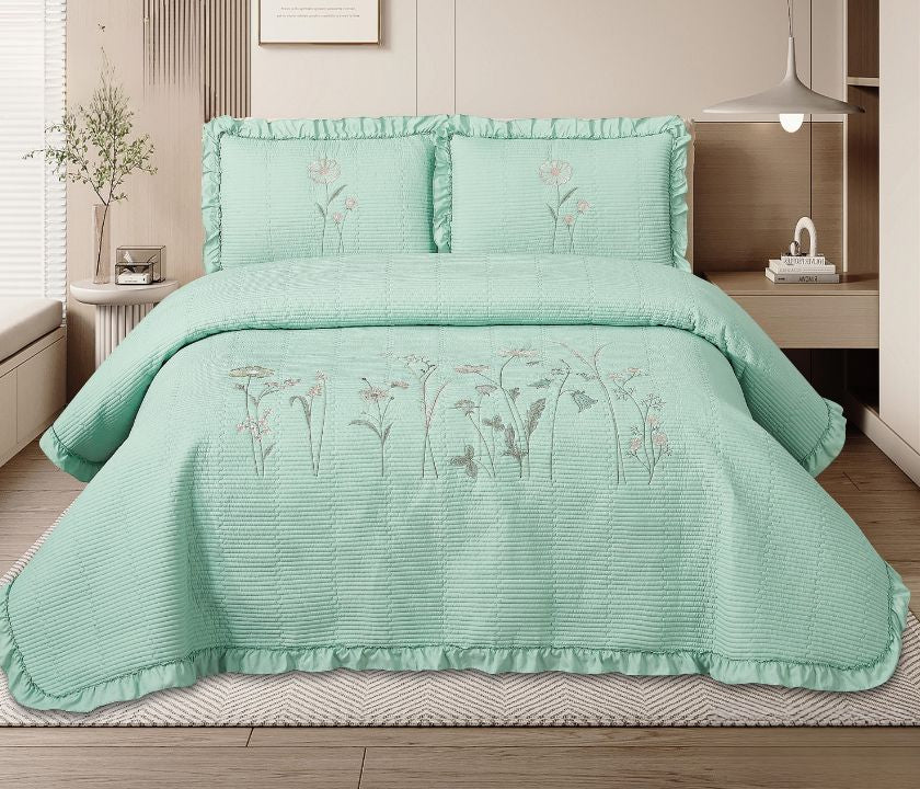 King size Florina 3-piece embroidered premium bedding set by The Gharnish, featuring detailed floral embroidery and soft fabric.
