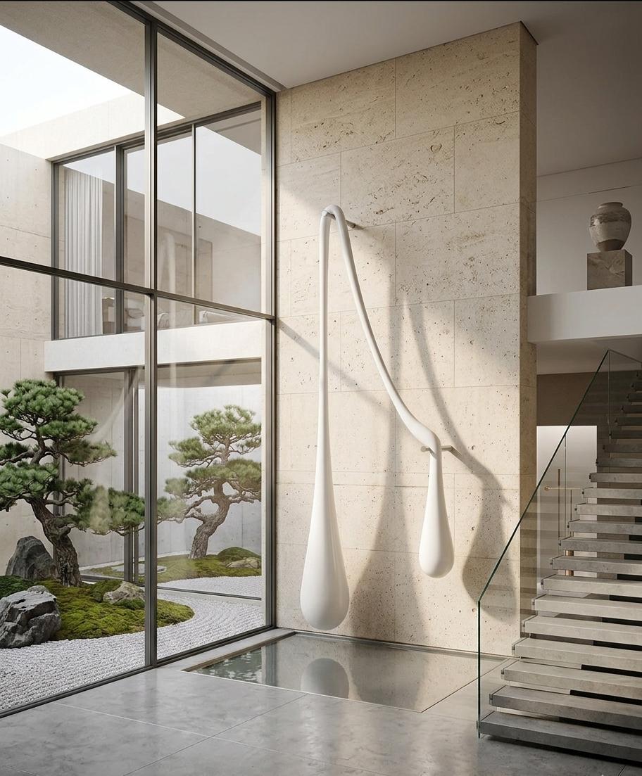 A modern architectural interior with a tall beige stone wall, a curved white sculptural wall fixture, glass railing, staircase, and a small landscaped courtyard visible through large floor-to-ceiling windows.