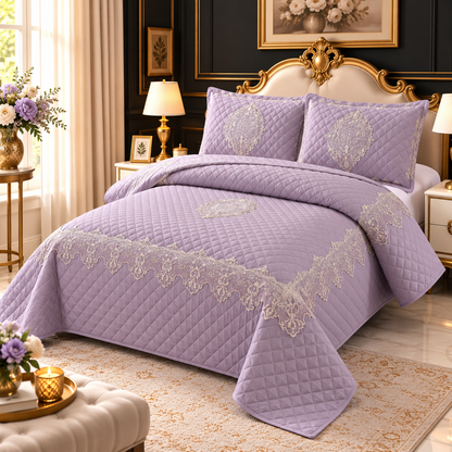 Luxury Quilted Lace Embroidered Bedcover Set – Elegant Premium Bedspread with Decorative Pillow Covers