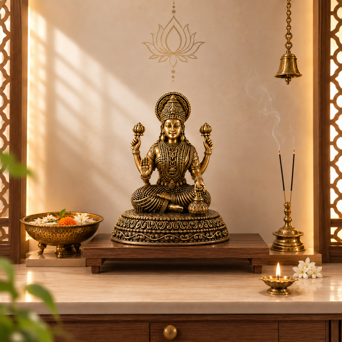 Brass Lakshmi Mata idol for home décor and puja, depicting Goddess Lakshmi in a detailed, traditional design for prosperity.