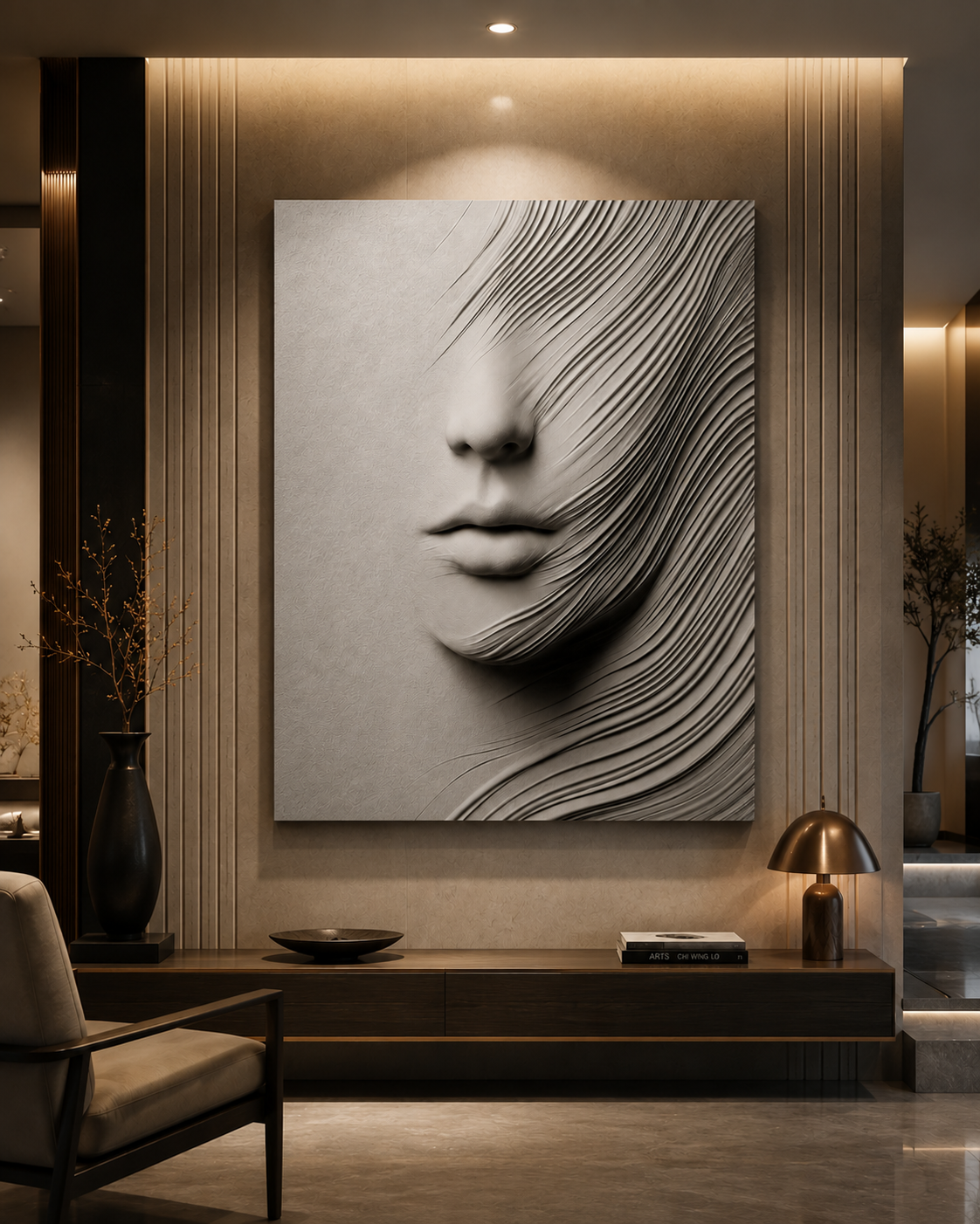 A large black and white canvas wall art print depicting a stylized face with flowing hair-like lines, displayed in a modern, warm-toned living room setting above a low wooden console table.