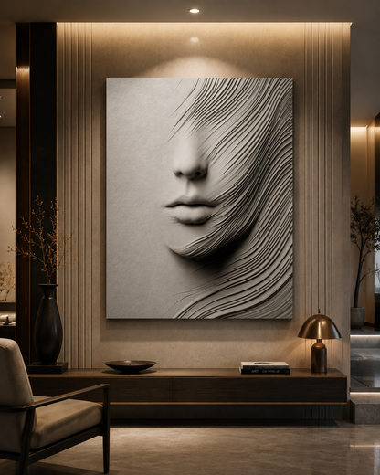A large black and white canvas wall art print depicting a stylized face with flowing hair-like lines, displayed in a modern, warm-toned living room setting above a low wooden console table.
