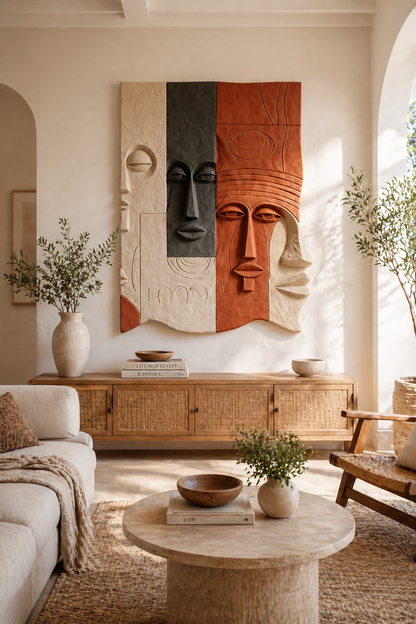 Wooden wall art sculpture featuring the Essence of Faces design, perfect for modern living room decor.