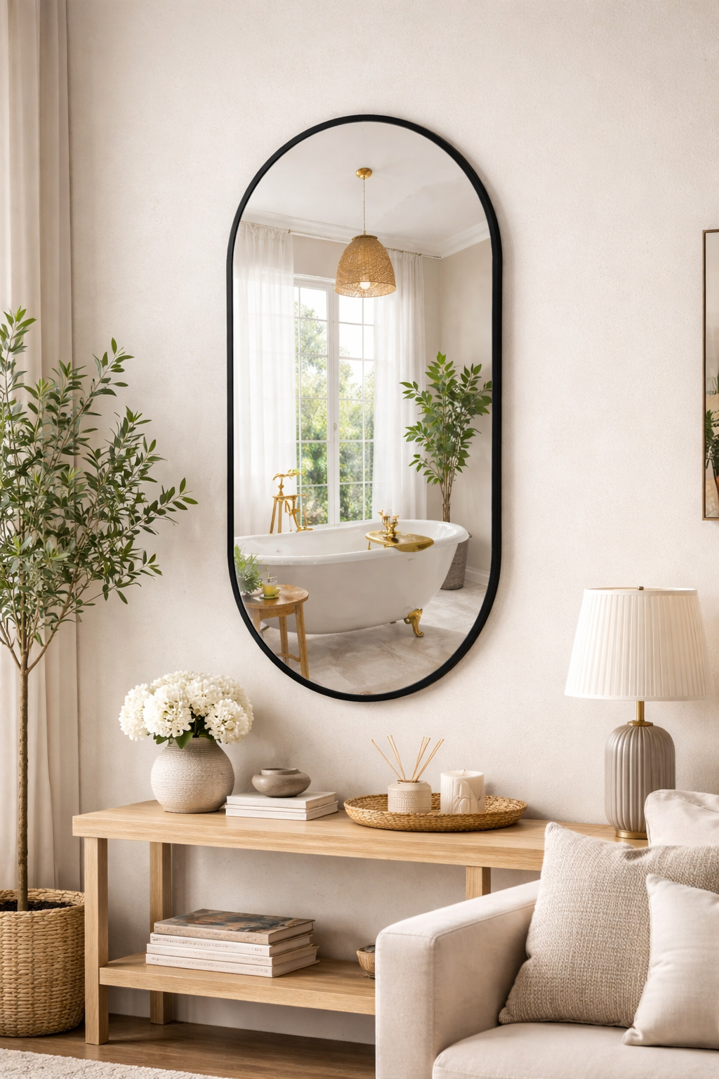 Living room with a large round mirror, sofa, coffee table, and decorative items.