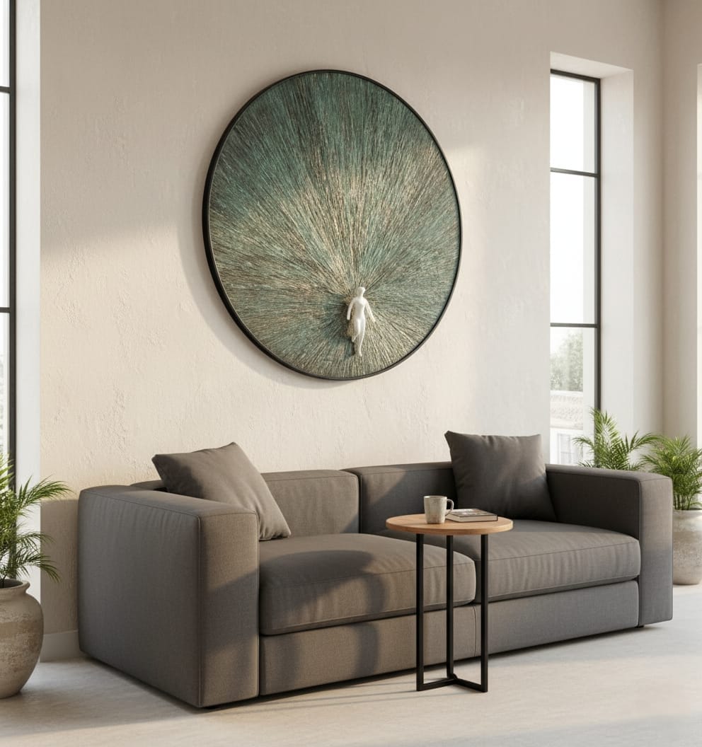 Modern living room with a gray sofa, round wall art, and a small table.