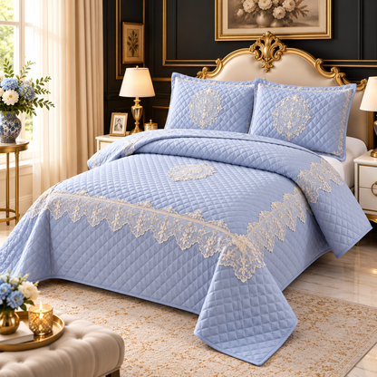 Luxury Quilted Lace Embroidered Bedcover Set – Elegant Premium Bedspread with Decorative Pillow Covers