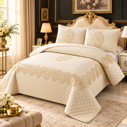 Luxury Quilted Lace Embroidered Bedcover Set – Elegant Premium Bedspread with Decorative Pillow Covers