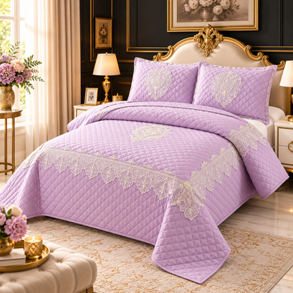 Luxury Quilted Lace Embroidered Bedcover Set – Elegant Premium Bedspread with Decorative Pillow Covers