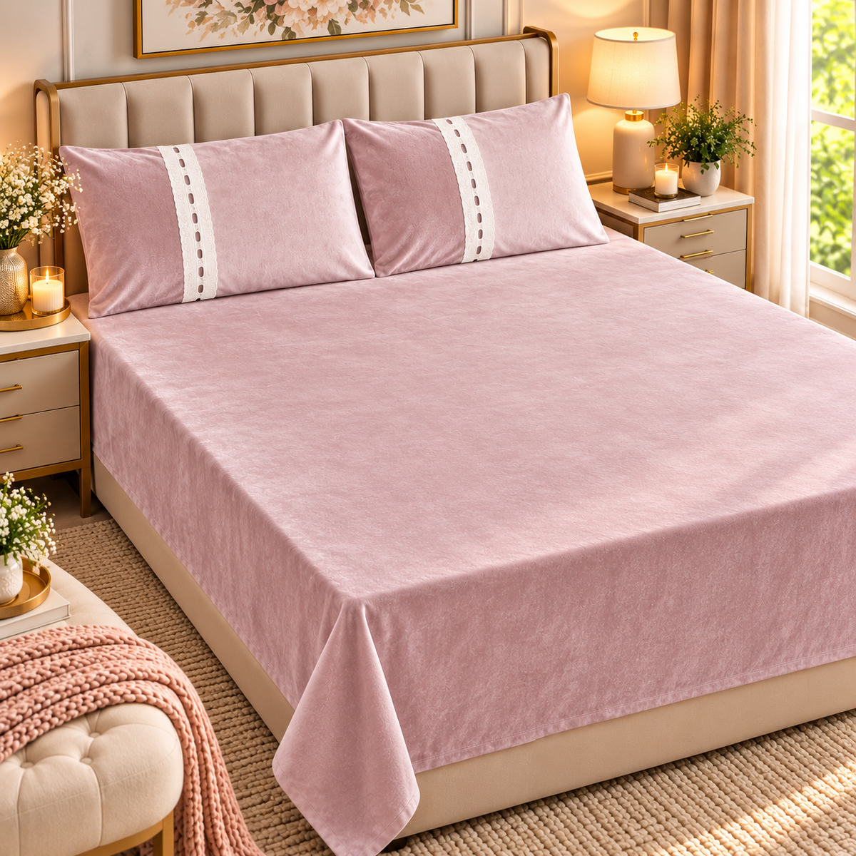 Premium Winter Textured Bedsheet Set with Matching Pillow Covers – Soft Luxury Warm Bedsheet for Double & King Size Bed