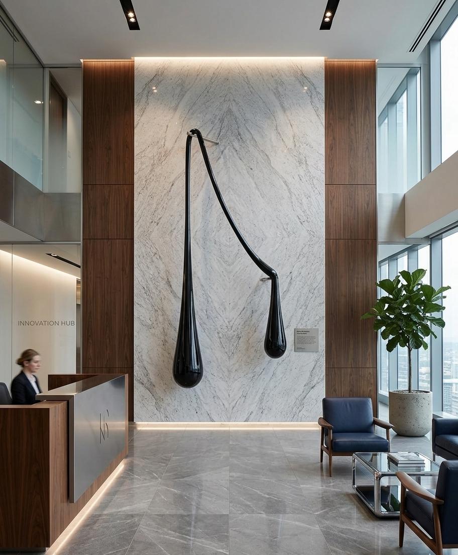 A modern office lobby interior with a large marble wall panel, two black teardrop-shaped wall sculptures, wood paneling, a reception desk, blue armchairs, and a potted plant.