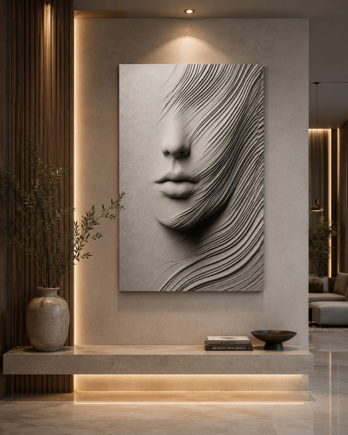 A large vertical wall art piece featuring a stylized grayscale face formed by flowing linear textures, displayed in a modern interior setting above a stone bench with a vase and decorative objects.