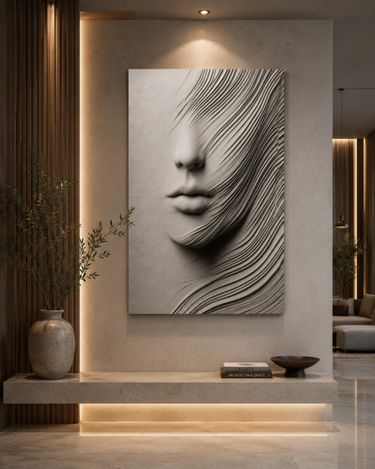 A large vertical wall art piece featuring a stylized grayscale face formed by flowing linear textures, displayed in a modern interior setting above a stone bench with a vase and decorative objects.