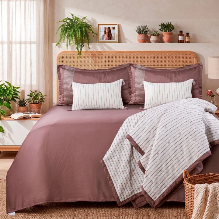Luxury cotton king size bedding set by The Gharnish featuring embroidered comforter, bedsheet, and pillow covers in soft, premium fabric.