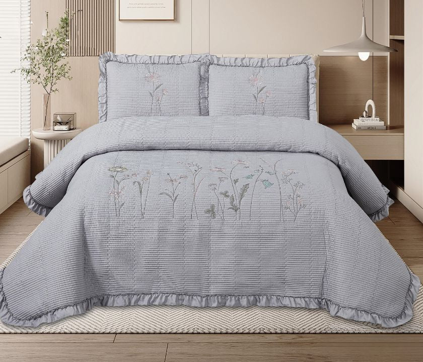 Florina 3-piece embroidered bedding set by The Gharnish with luxurious quilted design in soft, elegant fabric.