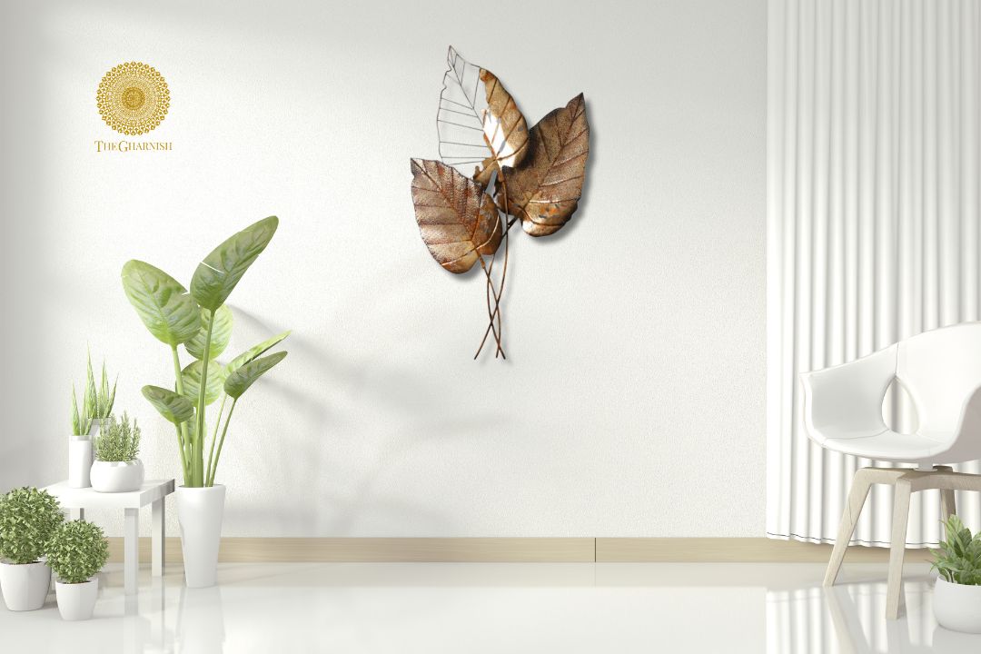 Metallic wall art featuring three Pipal leaves, a decorative wall accent by TheGharnish for natural-inspired home decor.