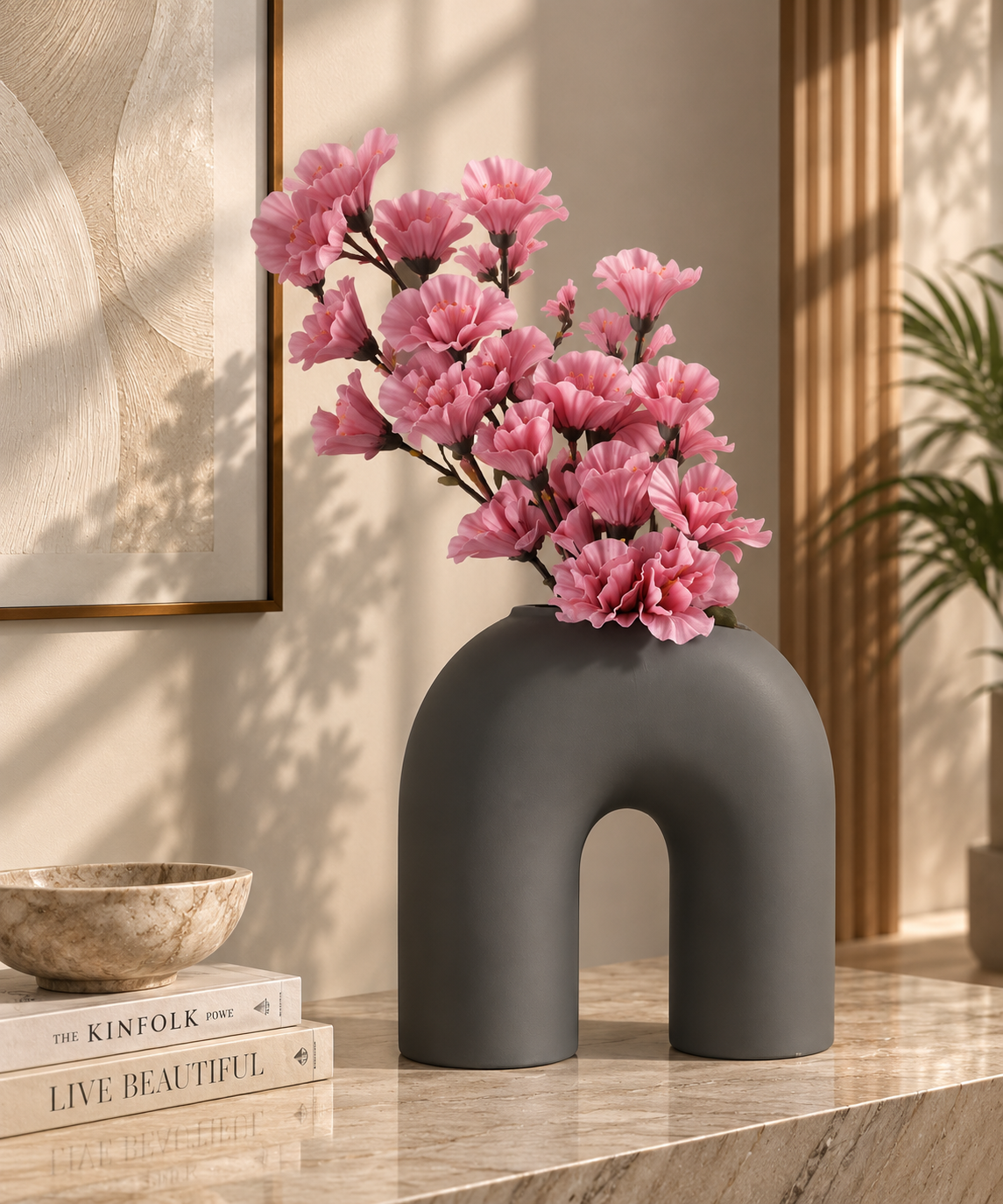 Matte grey arch flower vase by TheGharnish, minimalist design with a smooth surface and modern shape for floral arrangements.