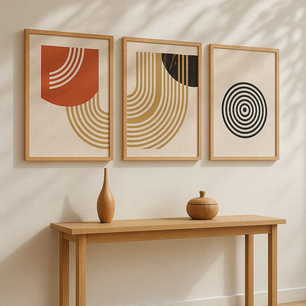 Three abstract art pieces on a wall above a wooden console table with decorative items.