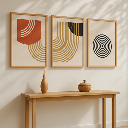 Three abstract art pieces on a wall above a wooden console table with decorative items.