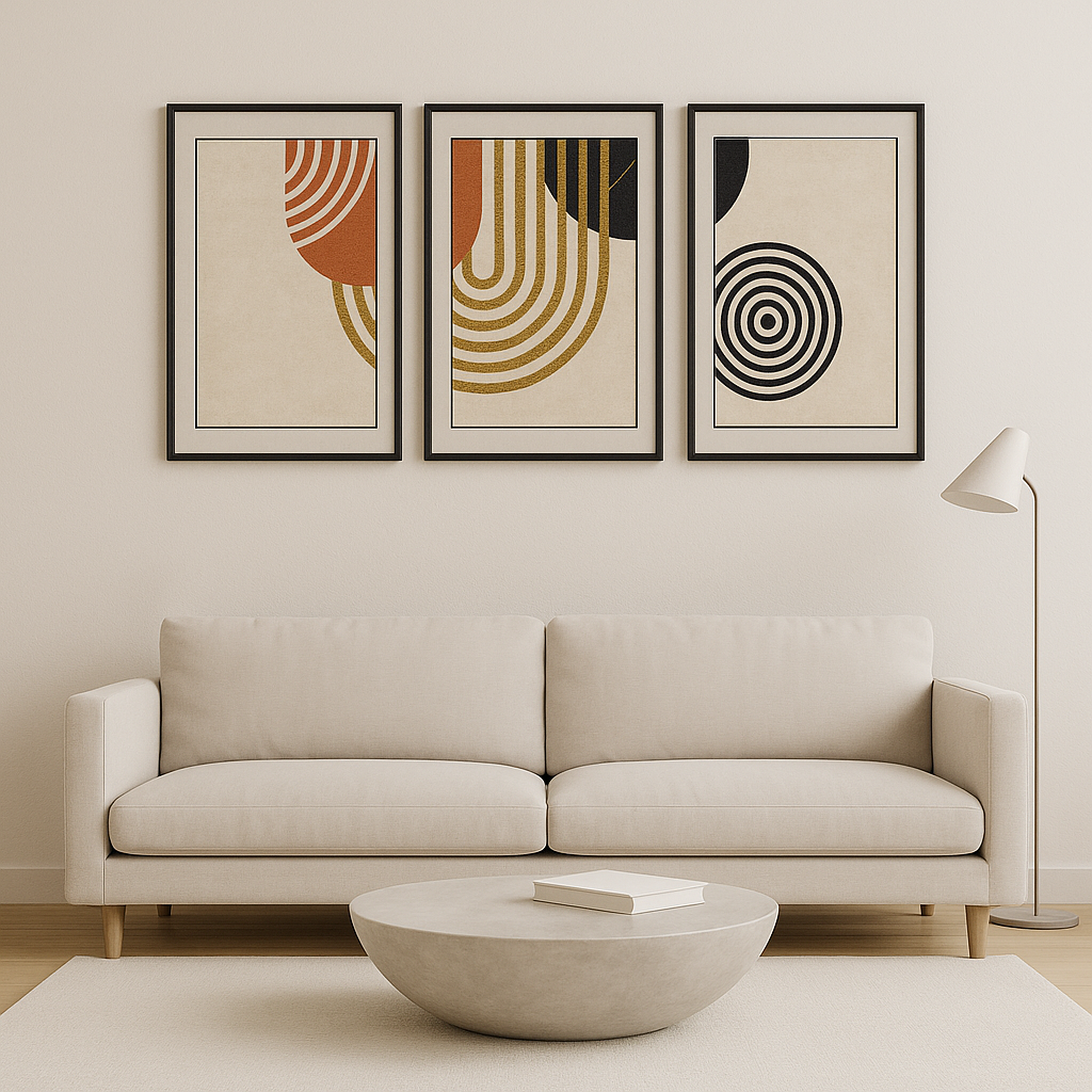 Beige sofa with three abstract art prints on a wall, a coffee table, and a floor lamp.