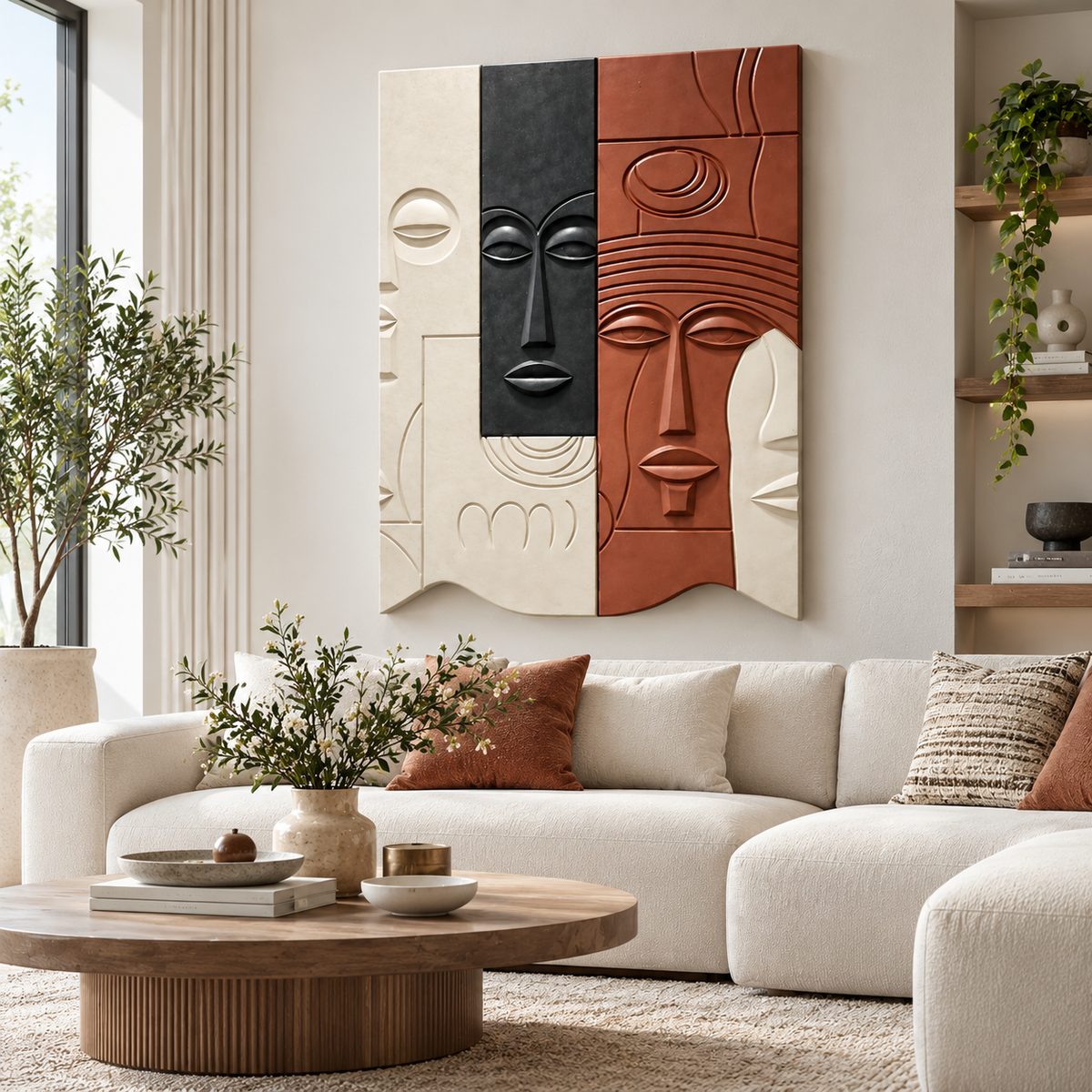 Minimalist wooden wall sculpture of an abstract face by The Gharnish, displayed as modern wall art in a living room setting.