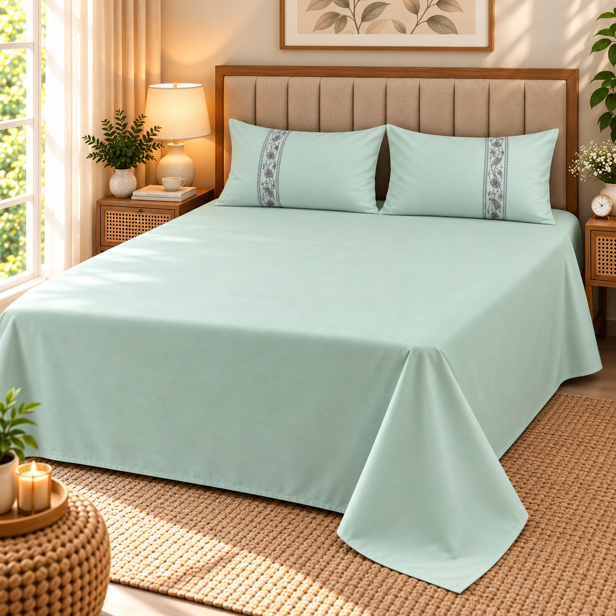 Euphoria Plain Bedsheet With Embroidered Pillows | 3 Pcs Bedsheet Set