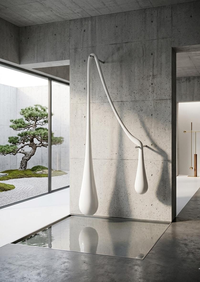 A minimalist white sculptural wall-mounted fixture with two elongated teardrop forms, installed on a concrete wall in a modern interior with large windows and a visible outdoor garden.